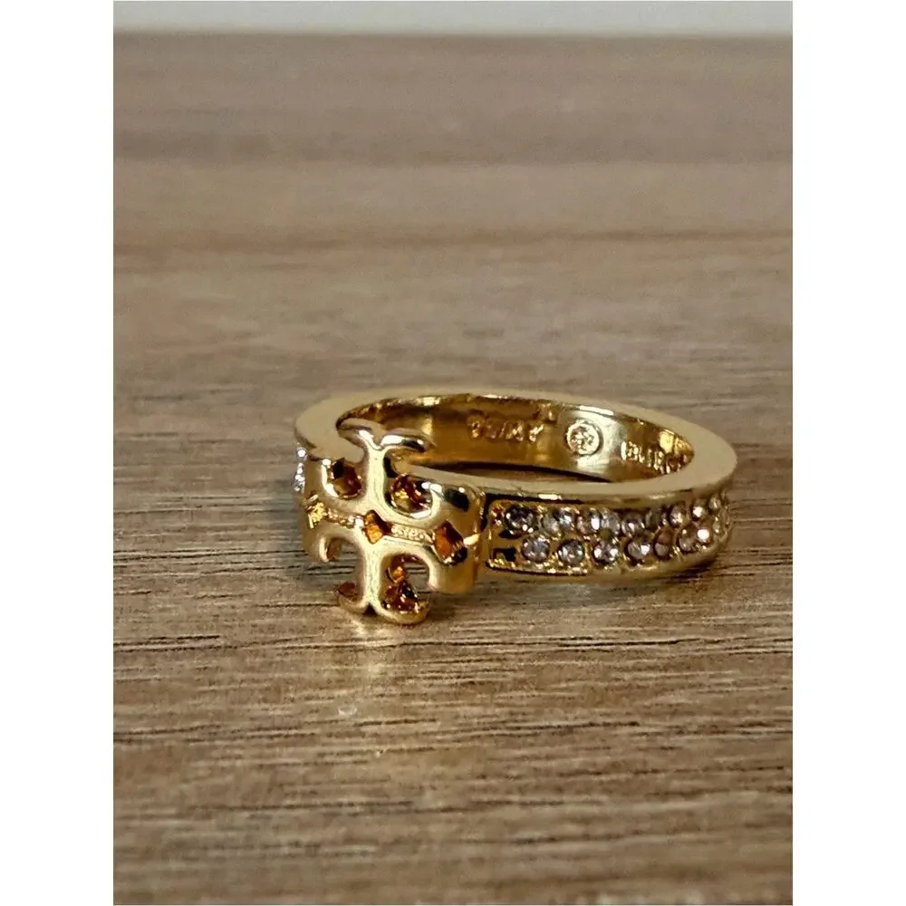 Tory Burch Crystal Miller Logo Ring Gold Tone Pave Size 7